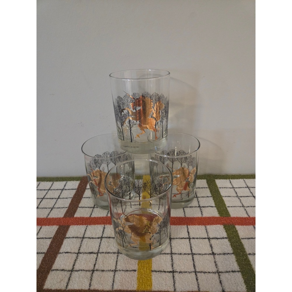 Vintage Otagiri Unicorn Gold Foil Rocks Glasses Set of 4 Black Forest Barware